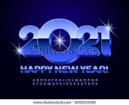 Vector modern greeting card Happy New Year 2021! Blue metallic Font. Glossy Alphabet Letters and Numbers