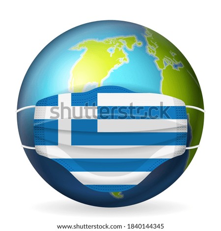 World globe with medical mask Greece flag on a white background. Vector illustration.