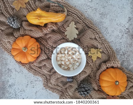 A wave of a knitted scarf, pumpkins and autumn leaves on a white concrete background. Top view. Copy space.