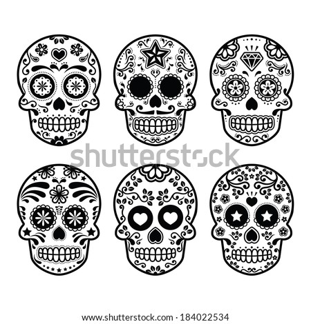 Mexican sugar skull, Dia de los Muertos icons set 