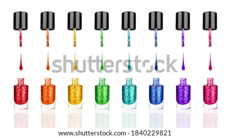 Colorful glitter nail polish glass bottles, brush & drop set white background isolated close up, sequin varnish open container collection, rainbow sparkles enamel, shiny lacquer, shimmer gel, cosmetic