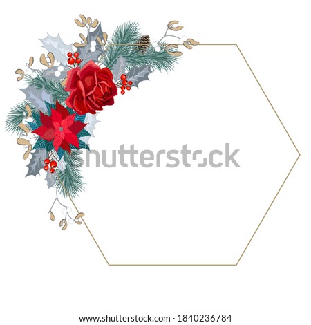 Merry Christmas greeting card with frame, decorated with roses and poinsettia. Christmas background with garland of spruce and holly. Vector illustration