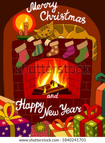 Nice christmas card with cat, fireplace, gifts, candles. Hand drawn illustration, vector.