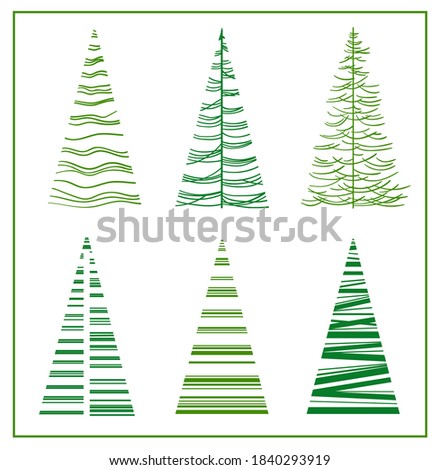 Set of stylized vector fir trees and spruce. Symbol of Christmas tree. Signs for modern postcards.