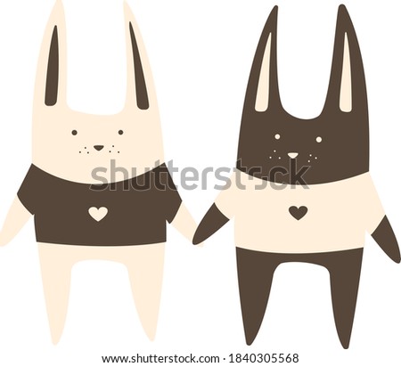 Illustration depicting two beige and brown hares in T-shirts with hearts