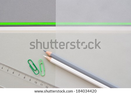 creative desktop - pencils and clips on paper background - 
natural greenery - trend color 2017