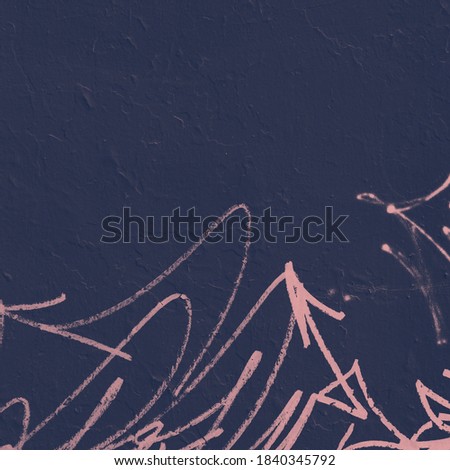 Shabby pink graffiti on navy blue concrete stucco wall background. Backdrop texture of paint or sign on city wall. Abandoned art in urban city concept. Square image for design.