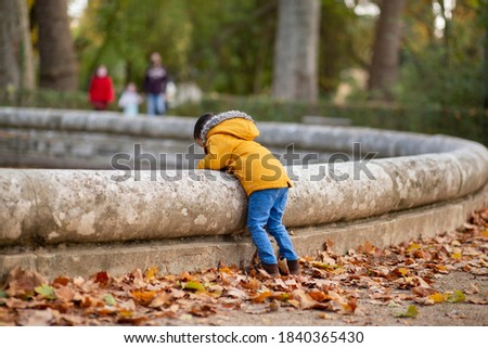 boy playing with leaves in a park in autumn selective focus