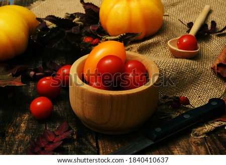 Tomato on a wooden table.  Freshly picked different tomatoes.  Harvesting.  Healthy food from the garden.