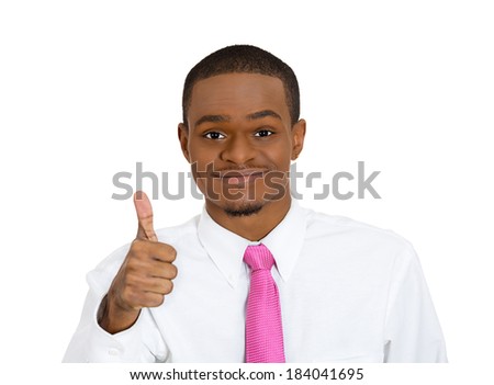 Closeup portrait, handsome young smiling man in pink tie giving one thumbs up at camera sign, isolated white background. Positive human emotions facial expression feelings. Symbols