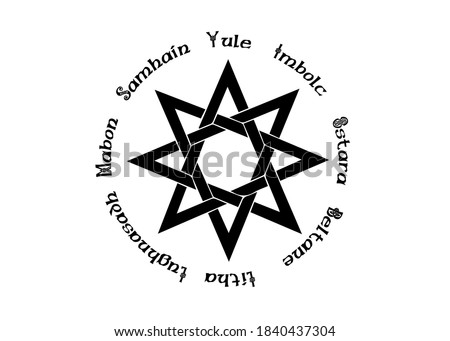 Book of Shadows Wheel of the Year Modern Paganism Wicca. Wiccan calendar and holidays. Compass with in the center the eight-pointed star symbol from the enchanted Celtic. Vector isolated on white  Royalty-Free Stock Photo #1840437304