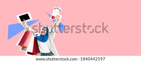 Happy muslim woman with megaphone and shopping bags. Collage in magazine style with bright background. Flyer with trendy colors, copyspace for ad. Discount, sales season, fashion and style concept.