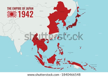 Map of Empire of Japan/Japanese Empire during WWII in 1942, showing countries within Asia, hand drawn vector map Royalty-Free Stock Photo #1840466548