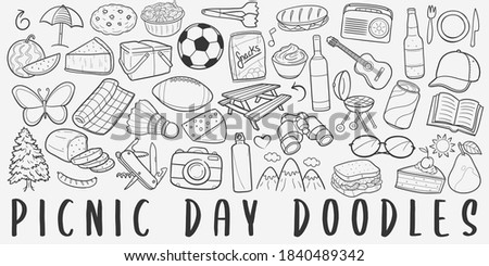 Picnic Day doodle icon set. Outdoor Vector illustration collection. Banner Hand drawn Line art style.