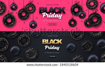 Black friday big sale poster with black sweet donuts on pink and black background