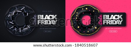 Black friday big sale poster with black sweet donuts on dark and pink background