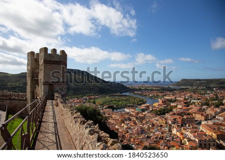 City landscape from top of Bosa and the river temo, from the medieval castle