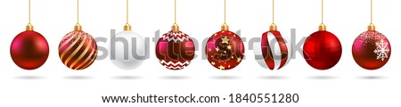 Set red Christmas ball and transparent glass with snow effect isolated on white background. Collection different Christmas ball template. New year toy decoration - stock vector