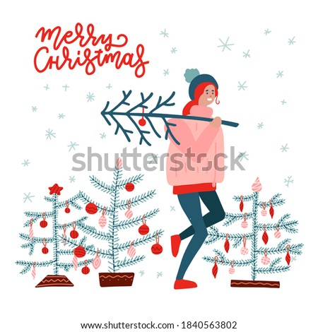 Girl Carrying a Christmas Tree. Merry Christmas and Happy New Year. People preparing for the new year. Greeting card scene. Vector flat hand drawn illustration.