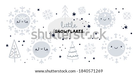 Cute childish set with cartoon snowflakes and kids decoration elements. Milestone collection with snow and stars. Nursery prints for textile, cards, poster, room decoration, kids clothing