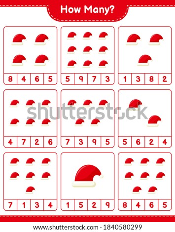 Counting game, how many Santa Hats. Educational children game, printable worksheet, vector illustration