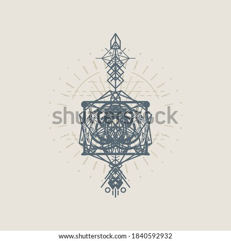 Abstract geometric ornament symbol inspired by ancient carving of pyramids and fusion of animals and nature
