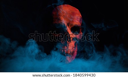 Scary grunge red skull wallpaper. Mystical smoke background with free space for text. 