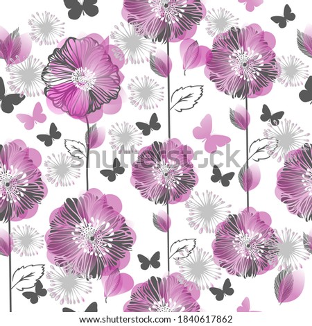 A seamless background with blue flowers and butterflies. Vector illustration