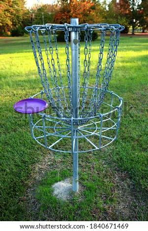 Picture of a disc golf basket with a purple disc
