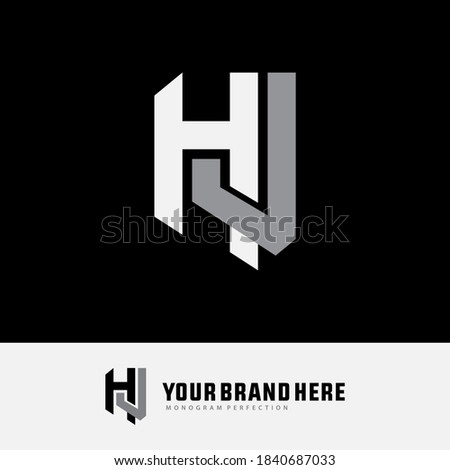 Initial letter H, J, HJ or JH overlapping, interlock, monogram logo, white and gray color on black background