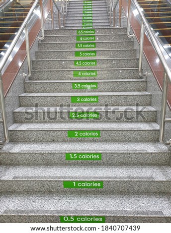 Marble staircases with green stickers on each stage tell you how many calories each step of the walk.