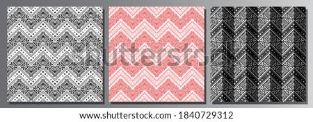 Vector set of Seamless Patterns, 3 square repeating backgrounds of dark variety colors, black and white ornate zig zag seamless pattern, pale pink ornament with sophisticated fancy lines and dots.
