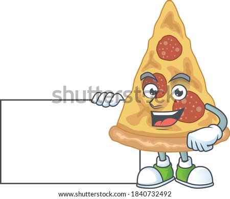 Slice of pizza cartoon drawing Thumbs up holding a white board. Vector illustration