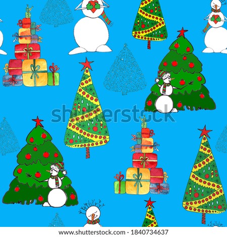 Christmas seamless pattern with snowmen, trees and gifts, graphic color sketch on blue background