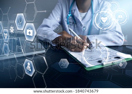 Doctor using computer laptop modern technology diagnosing analyzing patient’s health, medical healthcare diagnosis, close up medical professional working in hospital office, banner graphical icon