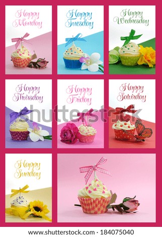 Beautiful collage of yummy cupcakes in delicious colors, one for each day of the week, with sample text or copy space for your text here.