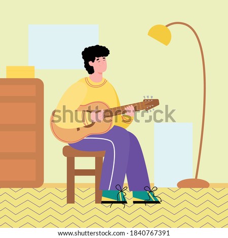 Young man playing guitar at home sitting on chair. Guy enjoying doing his favorite hobby playing acoustic in the room, flat cartoon vector illustration
