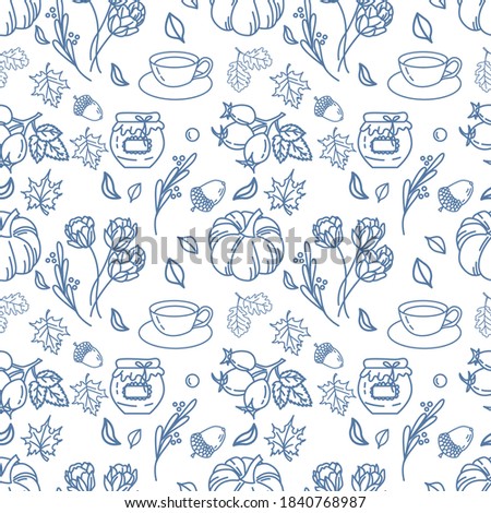 Autumn seamless pattern. Rubber boots, cloud, leaves, rain, rosehip, envelope, acorn, mushrooms, scarf. Autumn seamless pattern. Great for wallpaper, gift paper, fabric, wrapping paper,surface design.
