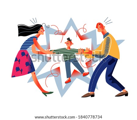 Angry man and woman fighting over child. Family in domestic conflict. Woman and man quarreling, father and mother pulling kid, boy suffering. Unhappy marriage vector illustration. Domestic quarrels.