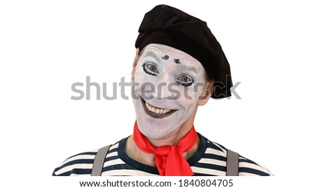 Mime doing different emotions from smiling to being sad on white