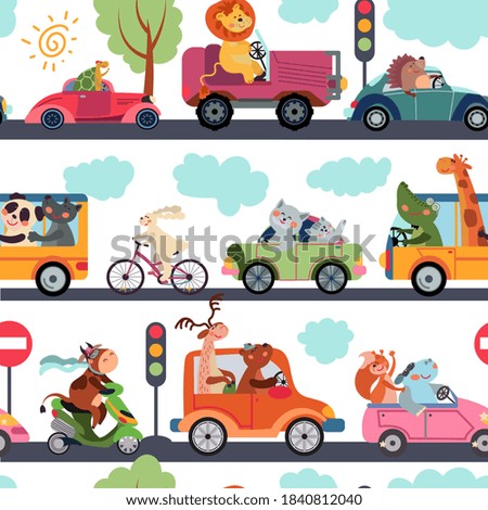 Animal transport pattern. Transportation, funny city zoo traffic. Kids fabric print with cute cartoon car drivers vector seamless texture