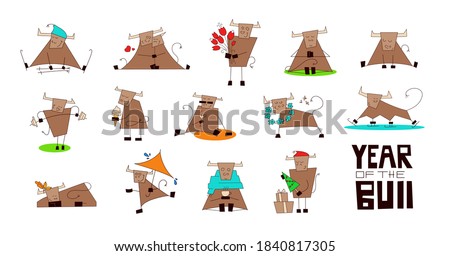 Symbol of Chinese New Year 2021. Year of the Ox. Smiling bull, cow. Set of vector illustrations in cartoon style isolated on white. Clip art for your design. Collection of funny cute kawaii characters