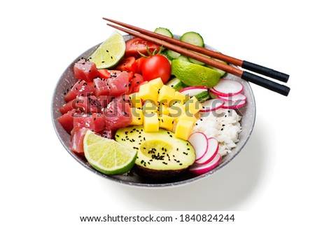 Raw organic ahi tuna poke bowl with rice and veggies	isolated on white background