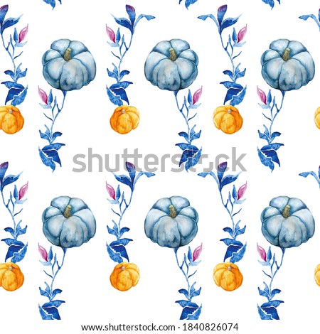 Watercolor seamless pattern made of pumpkins and blue floral elements. Hand drawn botanical background