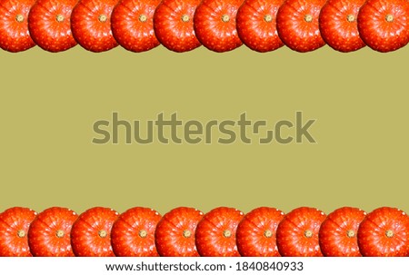 A border of orange pumpkins around the edges on a swamp background for placing text or an object. Patterns.