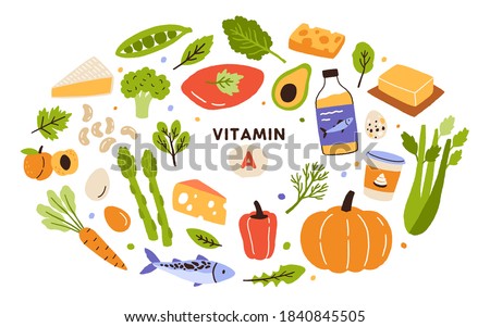 Collection of vitamin A sources. Healthy food containing carotene. Dairy products, greens, vegetable, fruits, fish. Dietetic organic products, natural nutrition. Flat vector cartoon illustration