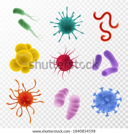 Realistic viruses. Types and microorganism colorful shapes. Bacteria, germs and bacillus flu and covid-19. Biological science laboratory, microbiology objects 3d vector on transparent background set Royalty-Free Stock Photo #1840854598