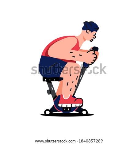 Overweight man doing indoor cycling exercise. Healthy lifestyle, cardio fitness training, weight loss concept. Cartoon hand drawn vector illustration. Male person ridng stationary bike.