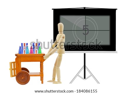 Five minutes until the start of the movie mannequin with food cart leaving isolated on white background