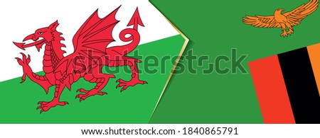 Wales and Zambia flags, two vector flags symbol of relationship or confrontation.